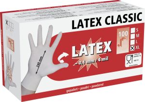 LaTeX wegwerphandschoenen, verpakt per 100 stuks maat XL.