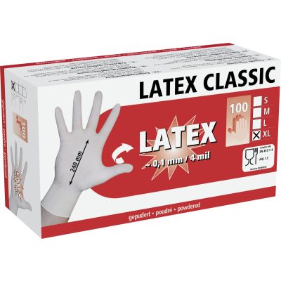 LaTeX wegwerphandschoenen, verpakt per 100 stuks maat XL.